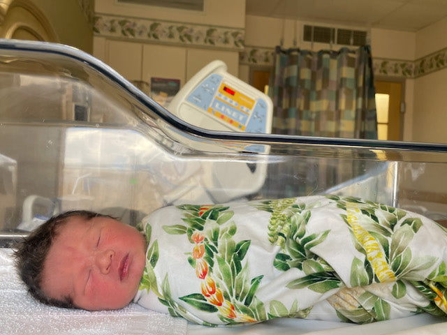 newborn baby swaddled in lei maile bamboo kapa moe swaddle blanket