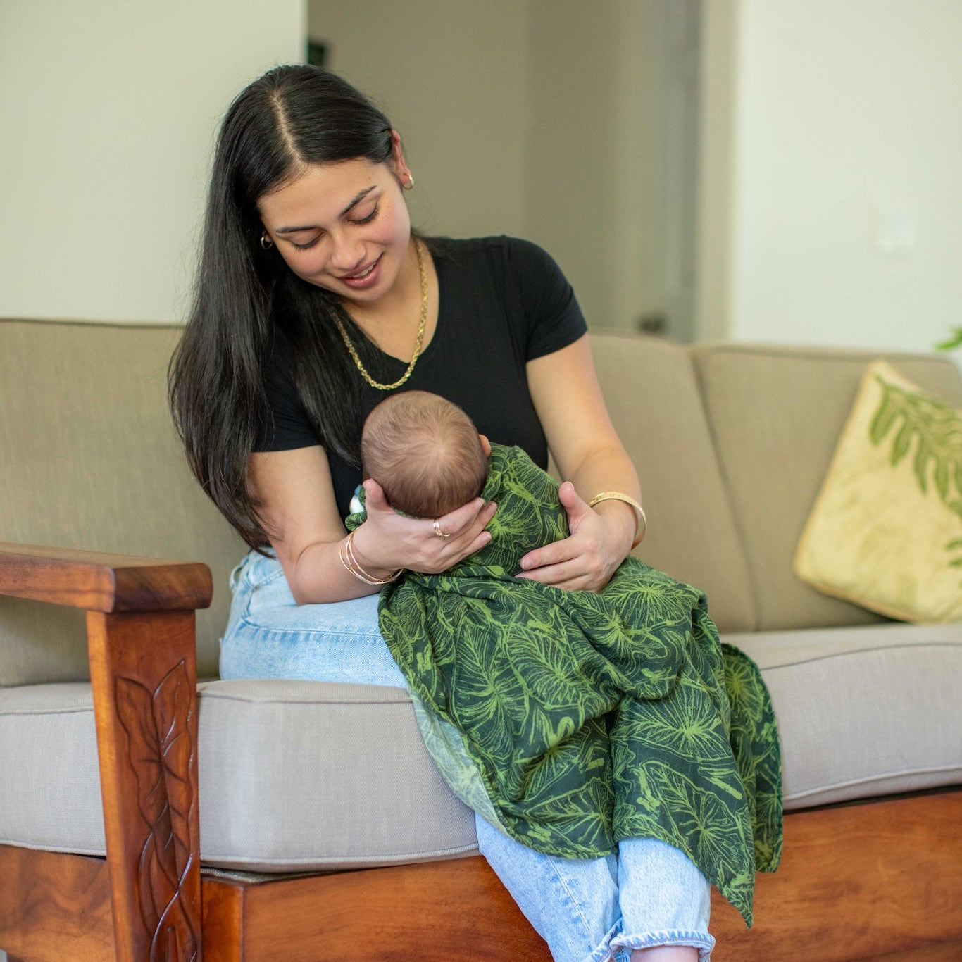Green Kalo Scribble Kapa Moe - Hawaiian Bamboo Swaddle
