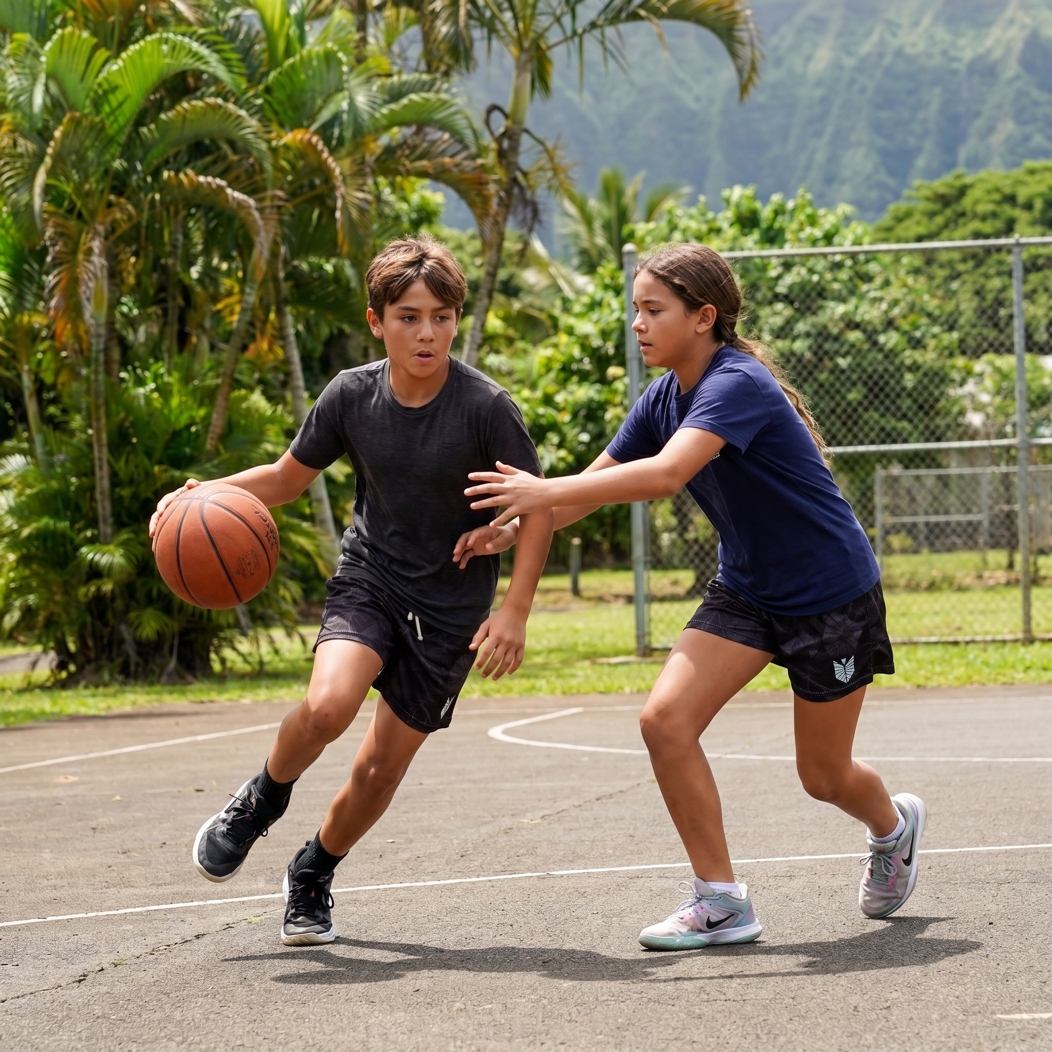 Two children playing basketball on an outdoor court with the mountains in the background