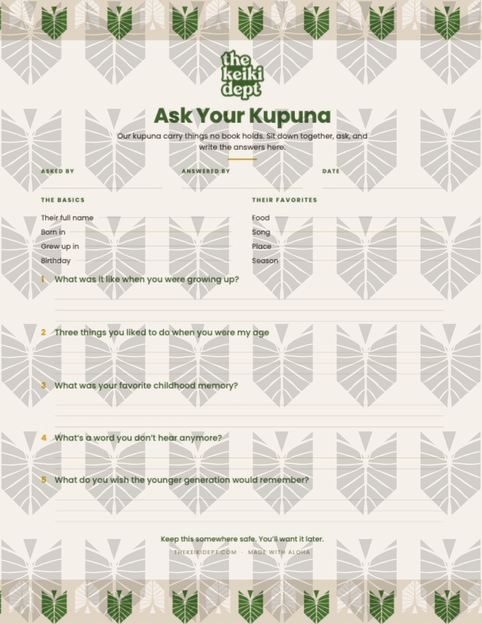 Free Ask Your Kupuna — Grandparent Interview Printable for Kids, Ages 7+ (Digital Download)