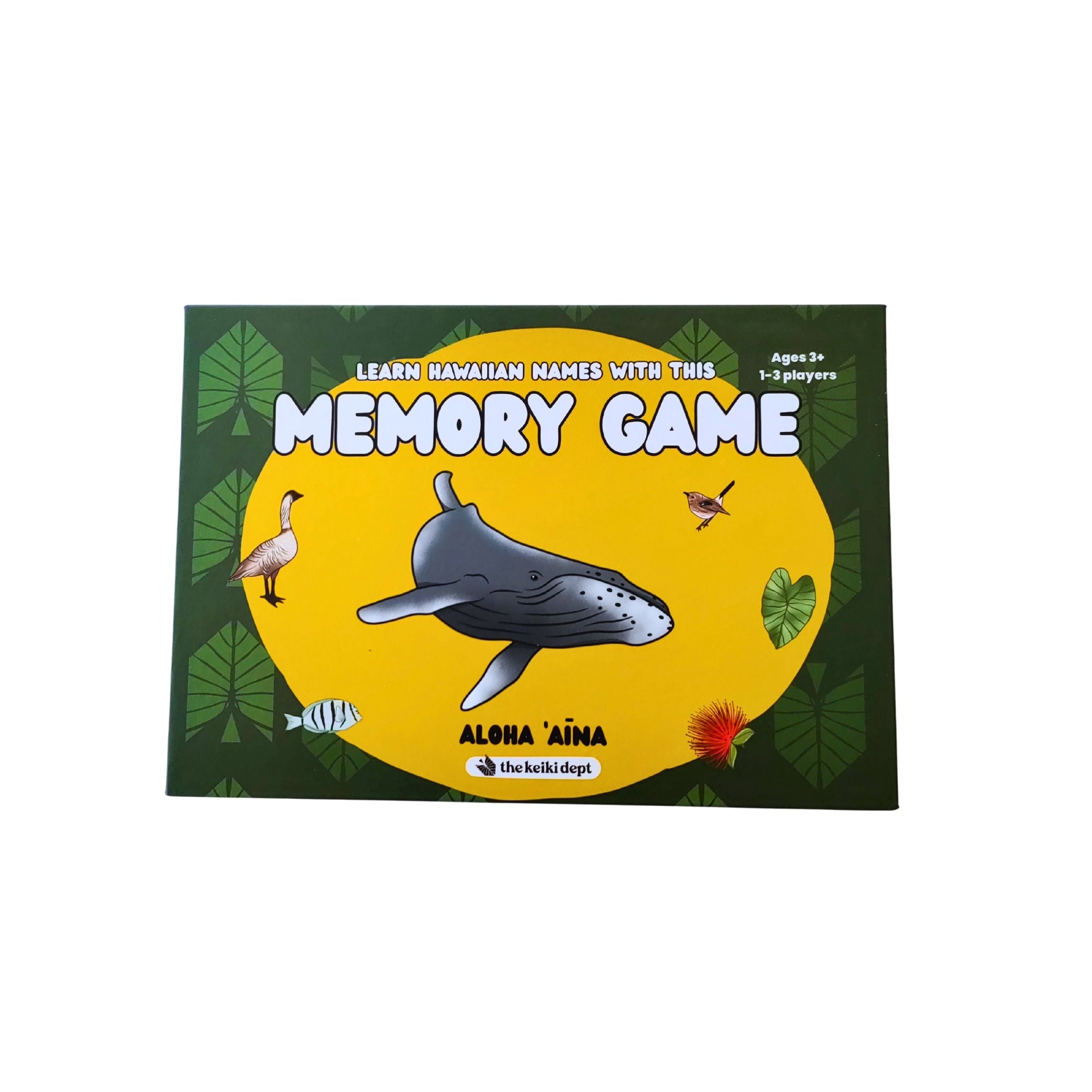 Memory game packaging with a whale illustration on a green background