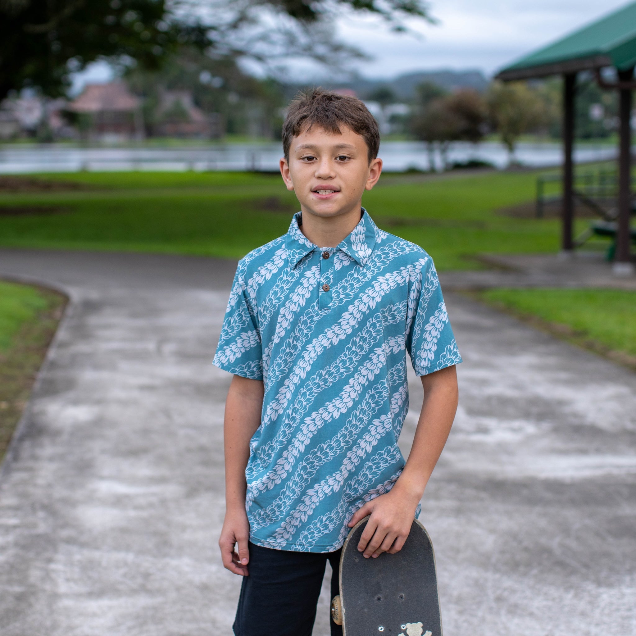 Blue Pakalana Strands Bamboo Kalei Athletic Polo