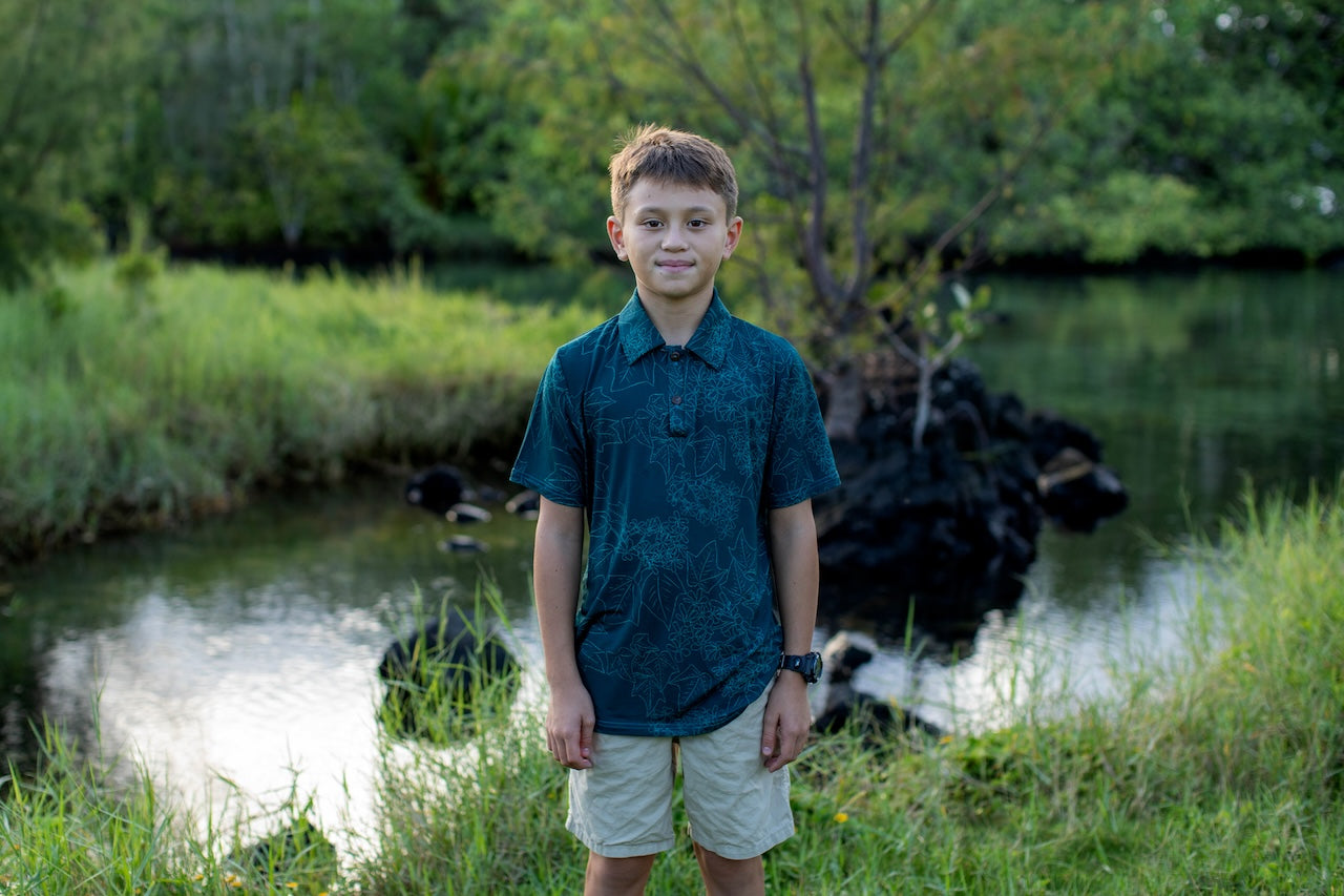 Dark Blue Pua Kukui Bamboo Kalei Athletic Polo
