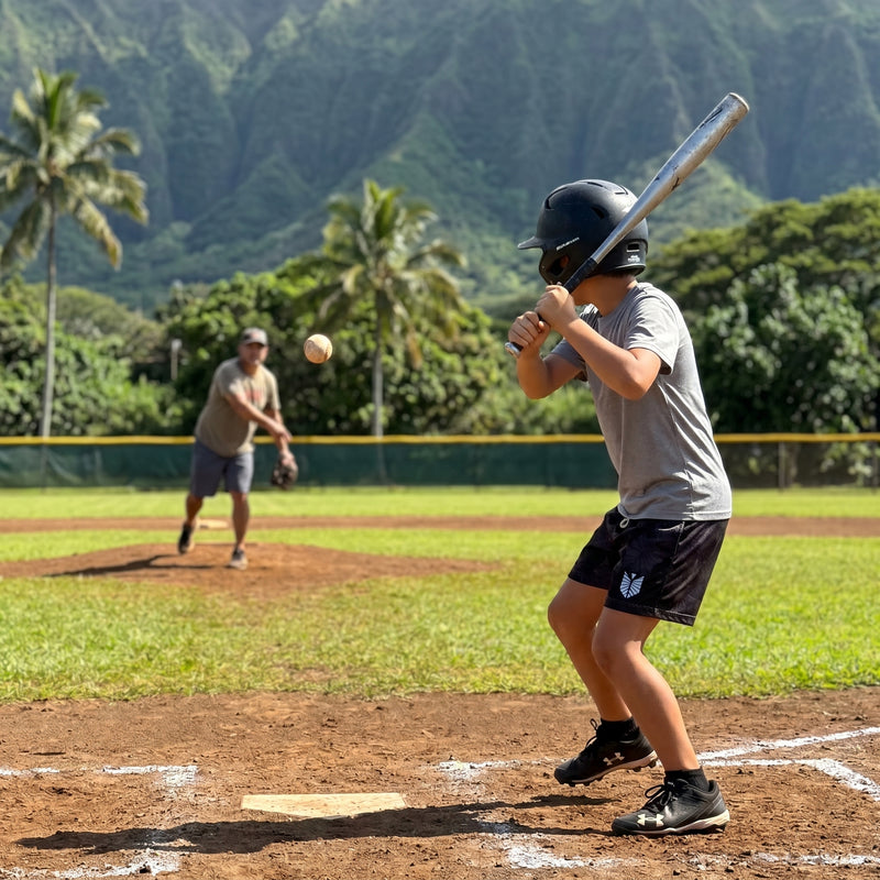 Baseball player at bat with  the koolau mountains in the background