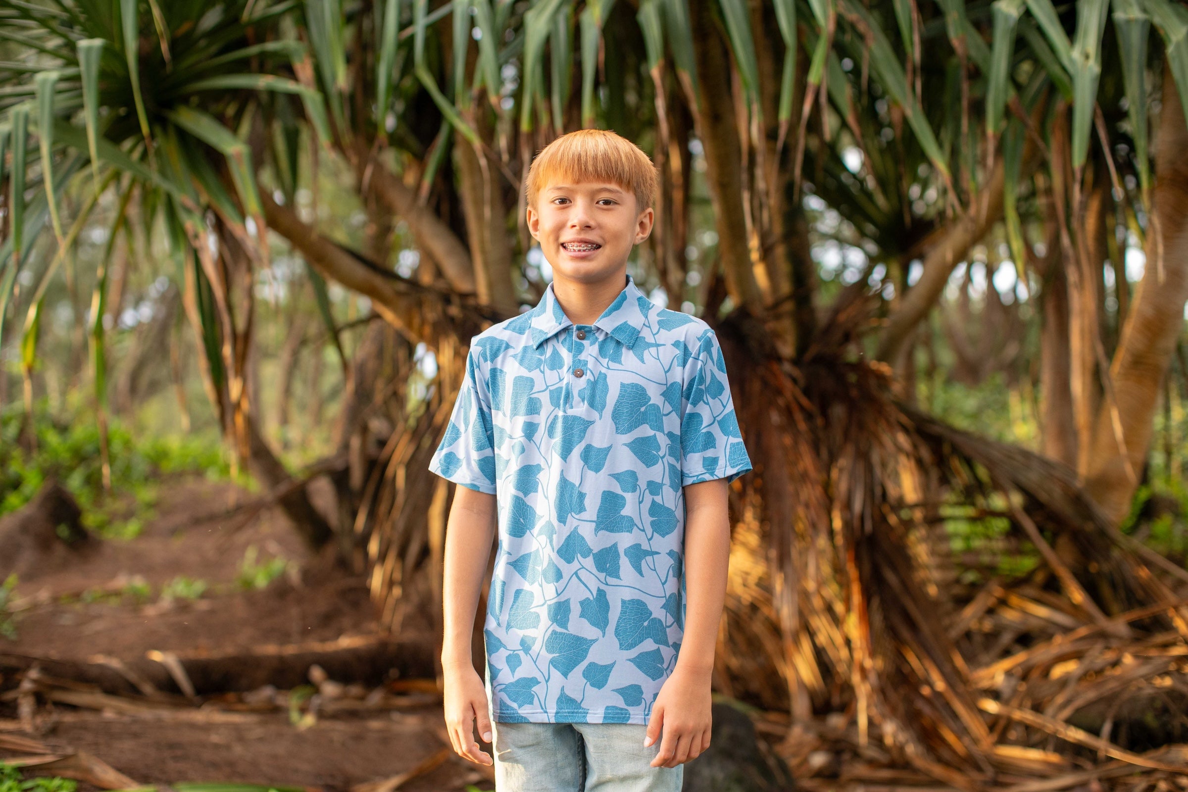 Blue Peʻahi Fern Bamboo Kalei Athletic Polo