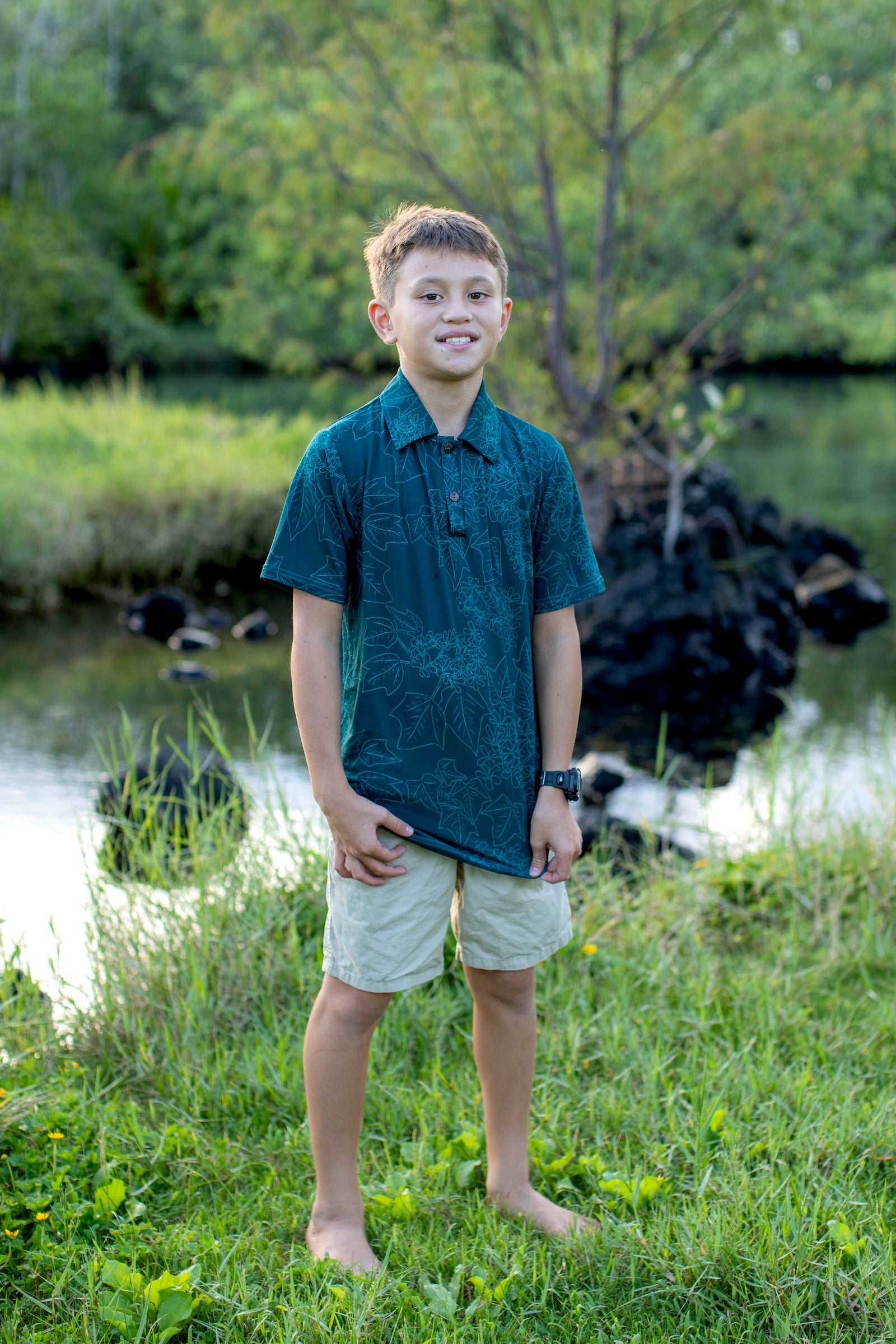 Dark Blue Pua Kukui Bamboo Kalei Athletic Polo