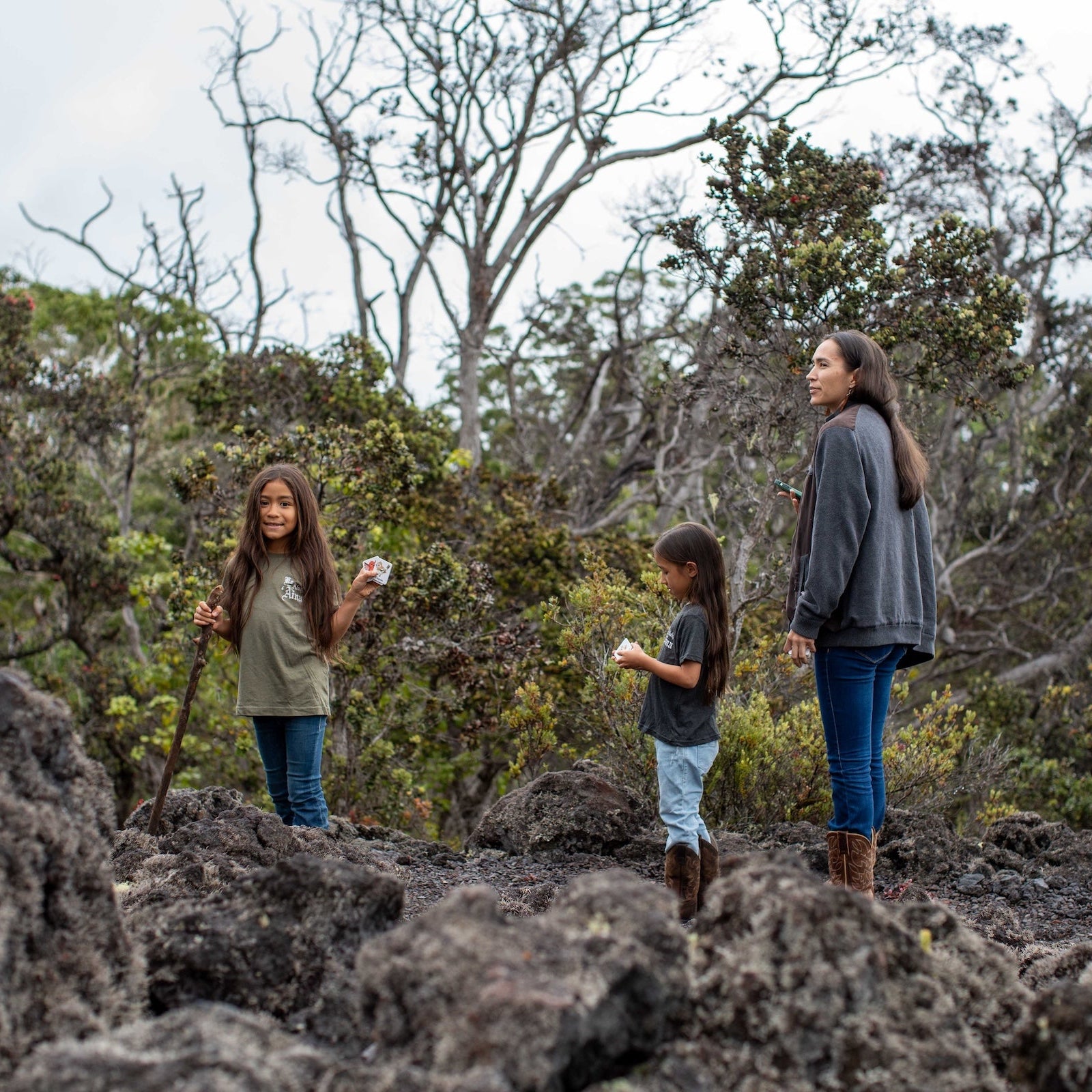 Three people walking through a forested area with rocky ground