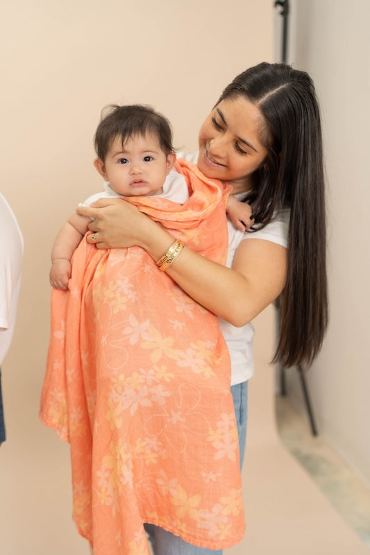 Pink & Orange Pua Melia (Plumeria) Bamboo Muslin Kapa Moe (Swaddle Blanket)